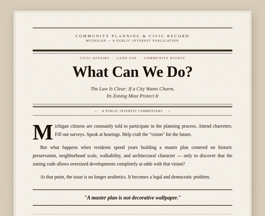 What Can We Do? — a public commentary article header with decorative lines and a serif subtitle on a cream page layout.