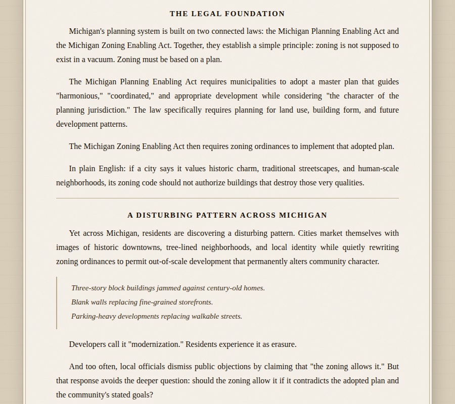 Beige document page titled 'THE LEGAL FOUNDATION' explaining Michigan zoning and planning laws in a formal layout.