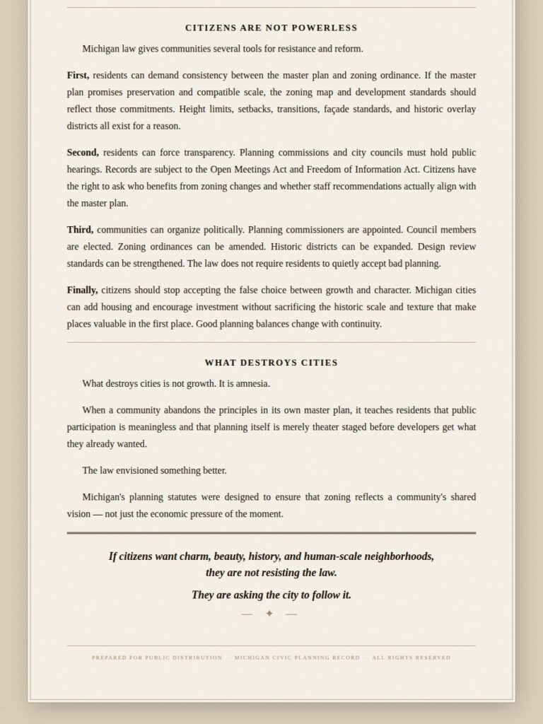 Document page titled 'Citizens Are Not Powerless' outlining Michigan planning principles, with sections on citizen participation and what destroys cities.